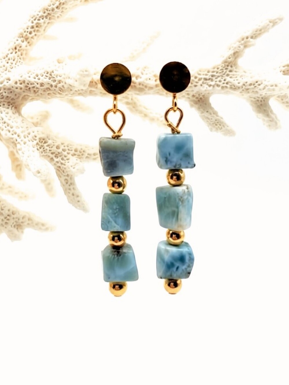 Classic Natural Blue Larimar In Simple Designed Gold Plated Earrings